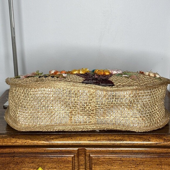 Womens Hand Bag Tote Weaved Jute Floral Vase Design Wooden Handles Summer Beach - Picture 5 of 14